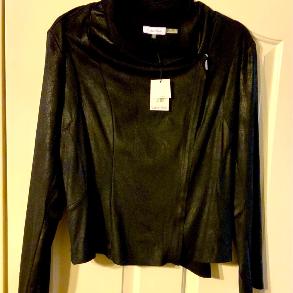 Stylish black faux leather Calvin Klein jacket L